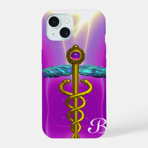 Gouden Caduceus Medisch Symbool Paarse Monogram iPhone 15 Case