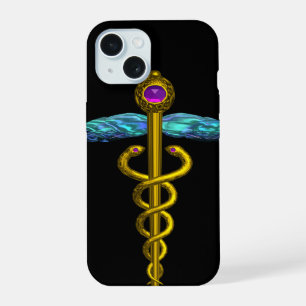 Gouden Caduceus Medisch Symbool ,Zwart iPhone 15 Case