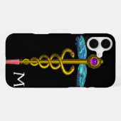 Gouden Caduceus Monogram ,Zwart iPhone Hoesje (Achterkant horizontaal)