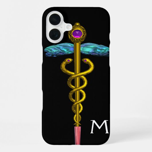 Gouden Caduceus Monogram ,Zwart iPhone Hoesje (Achterkant)