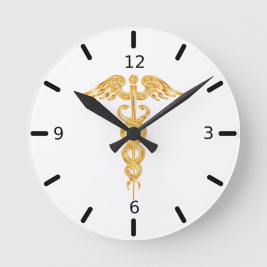 Gouden Caduceus op witte ronde klok (Voorkant)