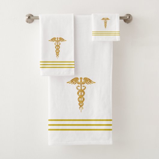 Gouden Caduceus & Strepen op Wit Bad Handdoek (Insitu)