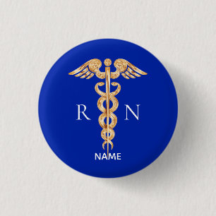 Gouden Caduceus Symbool & Geregistreerde Verpleegs Ronde Button 3,2 Cm