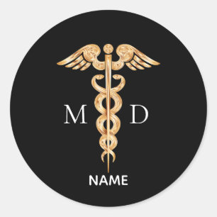 Gouden Caduceus Symbool & Medisch Dokter Monogram  Ronde Sticker