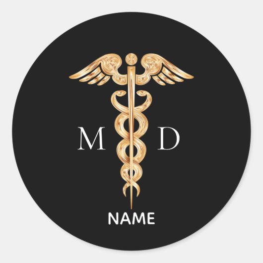Gouden Caduceus Symbool & Medische Dokter Monogram Ronde Sticker (Voorkant)
