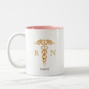 Gouden Caduceus Symbool & Monogram van Verpleegkun Tweekleurige Koffiemok