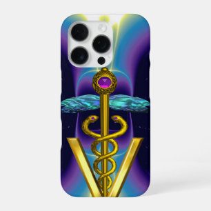 Gouden Caduceus Veterinair Symbool / Paarsblauw iPhone 16 Pro Hoesje
