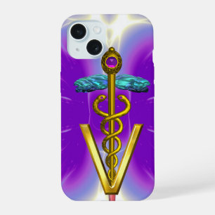 Gouden Caduceus Veterinair Symbool / Paarse Fuchsi iPhone 15 Hoesje