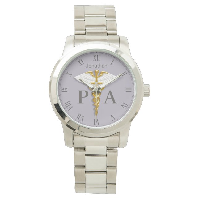 Gouden Caduceus Witte Vleugels Naam Physician Assi Horloge (Voorkant)