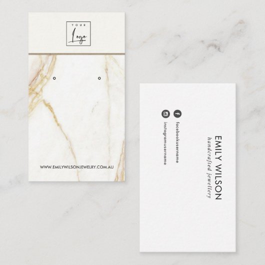 GOUDEN CALACATTA MARMEREN STUD OORBEL DISPLAY KAAR VISITEKAARTJE (Voorkant / Achterkant)