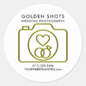 Gouden Camera Hart & Trouwringen Fotografie Ronde Sticker (Voorkant)