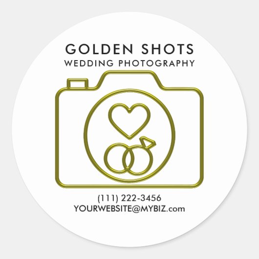 Gouden Camera Hart & Trouwringen Fotografie Ronde Sticker (Voorkant)