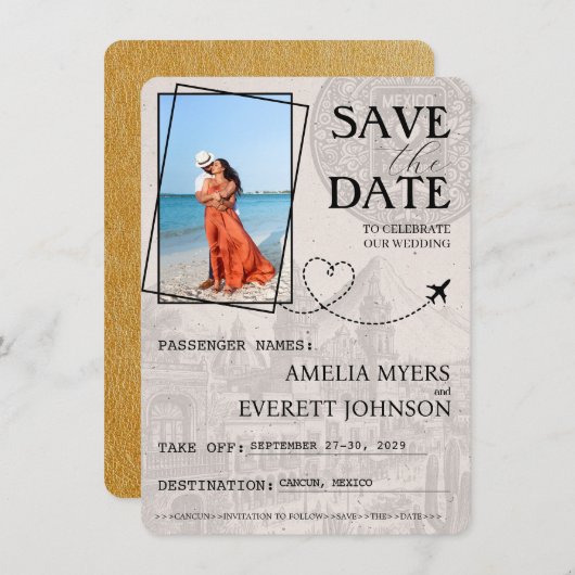 Gouden Cancun paspoort Bewaar de datum Save The Date (Voorkant / Achterkant)