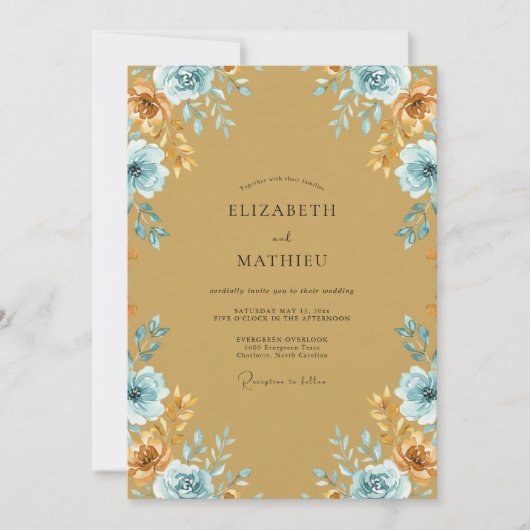Gouden Cerulean Ranunculus Eucalyptus Bruiloft Kaart (Voorkant)