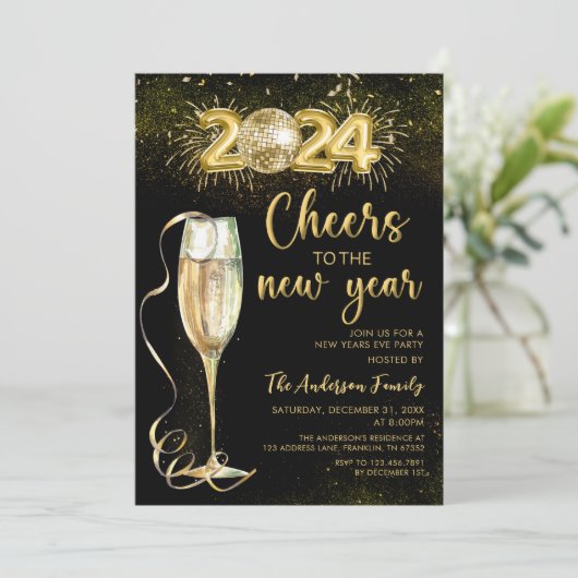 Gouden Champage juicht Nieuwjaar Eve Party 2024 Kaart (Staand voorkant)