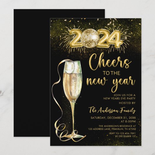 Gouden Champage juicht Nieuwjaar Eve Party 2024 Kaart (Voorkant / Achterkant)