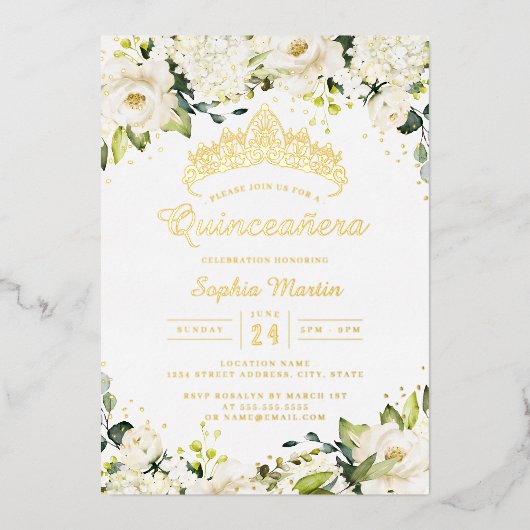 Gouden Champagne Bloemen Quinceanera Folie Uitnodiging (Voorkant)