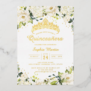 Gouden Champagne Bloemige Quinceanera  Folie Uitnodiging