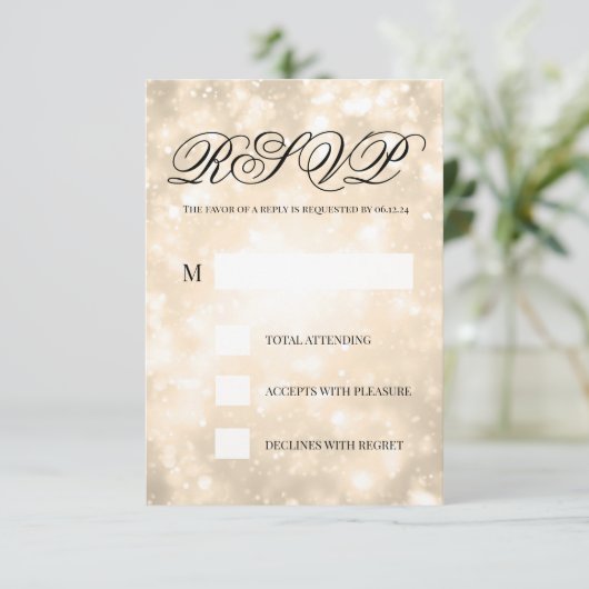 Gouden Champagne Bokeh Elegante Bruiloft RSVP (Staand voorkant)