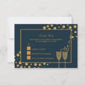 Gouden Champagne Bubbels - Blauw & Goud - Bruiloft RSVP Kaartje (Voorkant)