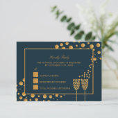 Gouden Champagne Bubbels - Blauw & Goud - Bruiloft RSVP Kaartje (Staand voorkant)