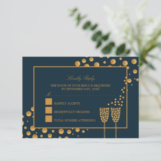 Gouden Champagne Bubbels - Blauw & Goud - Bruiloft RSVP Kaartje (Staand voorkant)