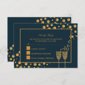 Gouden Champagne Bubbels - Blauw & Goud - Bruiloft RSVP Kaartje (Voorkant / Achterkant)