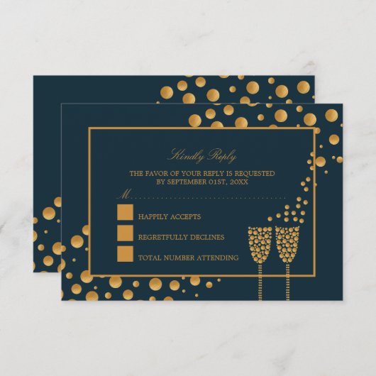 Gouden Champagne Bubbels - Blauw & Goud - Bruiloft RSVP Kaartje (Voorkant / Achterkant)