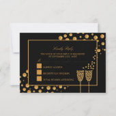 Gouden Champagne Bubbels - Zwart & Goud - Trouwen RSVP Kaartje (Voorkant)