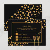 Gouden Champagne Bubbels - Zwart & Goud - Trouwen RSVP Kaartje (Voorkant / Achterkant)