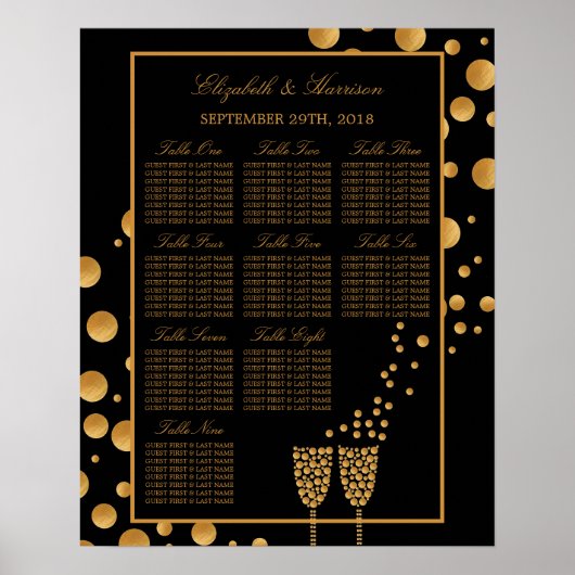Gouden Champagne Bubbles Trouwzitplaatsen Chart Poster (Voorkant)