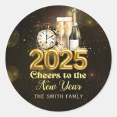 Gouden Champagne Juicht Oudejaarsfeest 2025 Ronde Sticker (Voorkant)