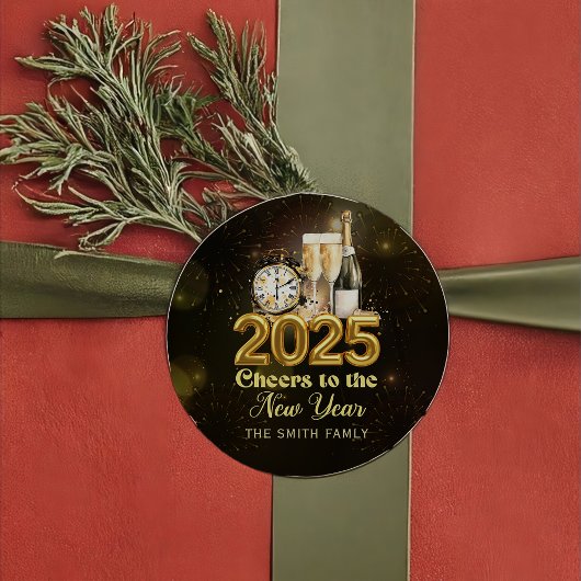 Gouden Champagne Juicht Oudejaarsfeest 2025 Ronde Sticker