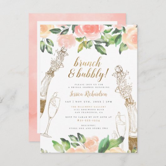 Gouden Champagne & Perzik Rozen Vrijgezellenfeest Uitnodiging Briefkaart (Voorkant / Achterkant)