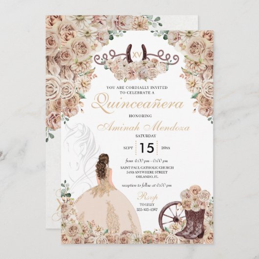 Gouden Champagne Rustiek Western Paard Quinceañera Kaart (Voorkant / Achterkant)
