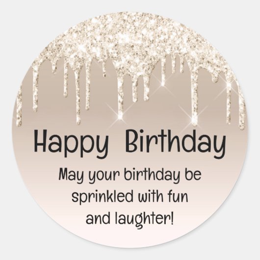 gouden champagne voor blije verjaardag met glitter ronde sticker (Voorkant)