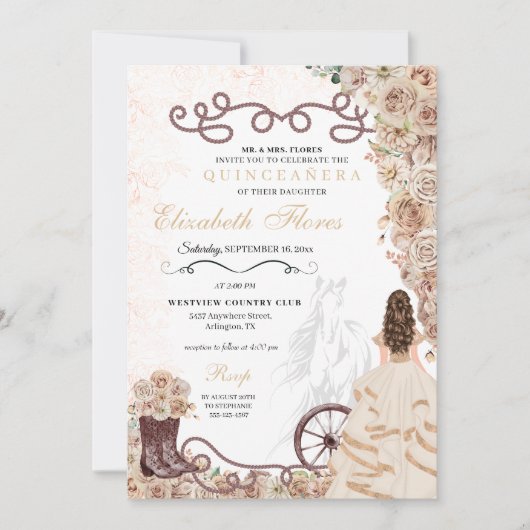 Gouden Champagne Western Prinses Charro Quinceañer Kaart (Voorkant)