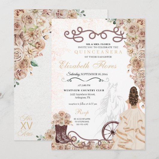 Gouden Champagne Western Prinses Charro Quinceañer Kaart (Voorkant / Achterkant)