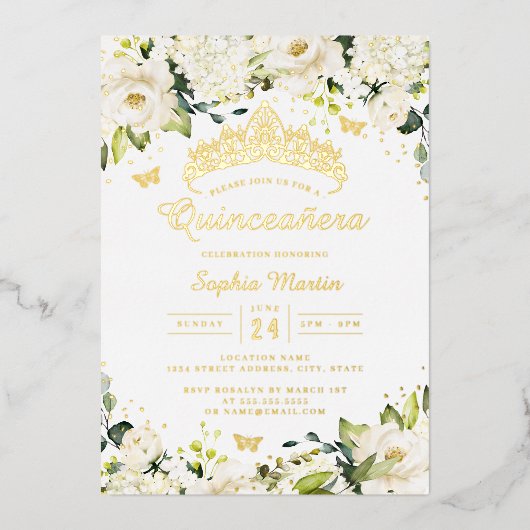 Gouden Champagne Witte Bloemen Quinceanera Folie Uitnodiging (Voorkant)