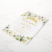 Gouden Champagne Witte Bloemen Quinceanera Folie Uitnodiging (Gedraaid)