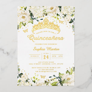 Gouden Champagne Witte Bloemige Quinceanera Folie Uitnodiging