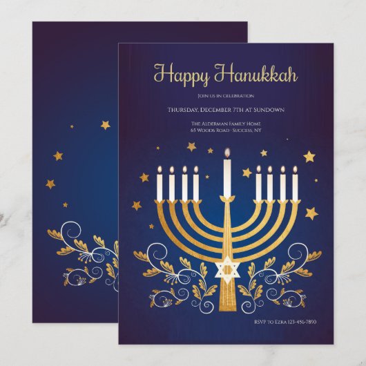 Gouden Chanoeka uitnodiging (Voorkant / Achterkant)