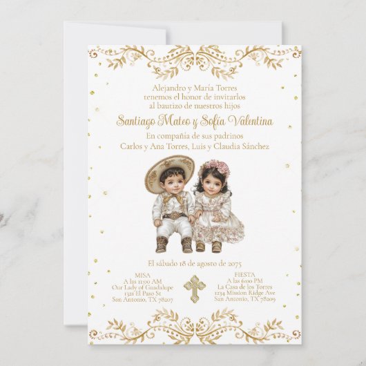 Gouden Charro en Charra Twin Spaanse doop Kaart (Voorkant)