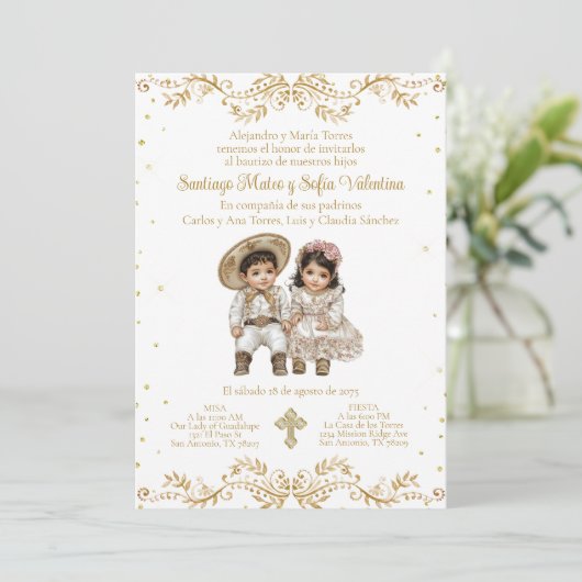 Gouden Charro en Charra Twin Spaanse doop Kaart (Staand voorkant)