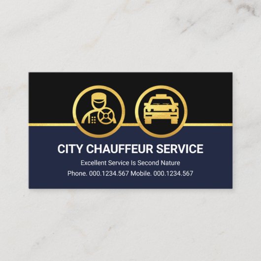 Gouden Chauffeur auto op zwarte blauwe lagen Visitekaartje (Voorkant)