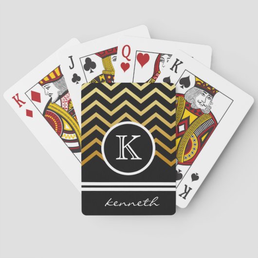 Gouden Chevron Zwart Monogram Naam Aangepast Speelkaarten (Achterkant)
