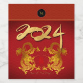 Gouden Chinese Draak met oud Ideogram Monogram w Wijn Etiket (Enkel label)