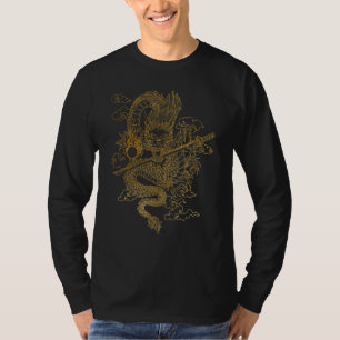 Gouden Chinese Draak met Zwarte Achtergrond T-shirt