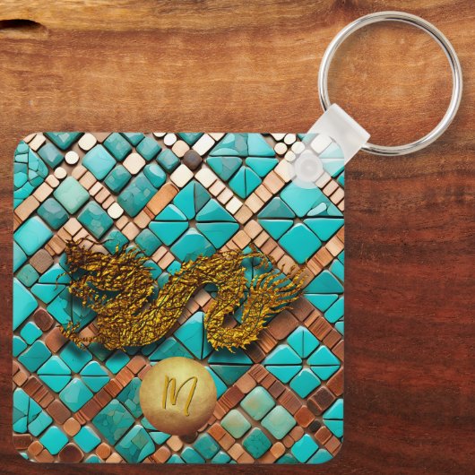 Gouden Chinese Draak Nieuwjaar Monogram SqK Sleutelhanger (Achterkant)