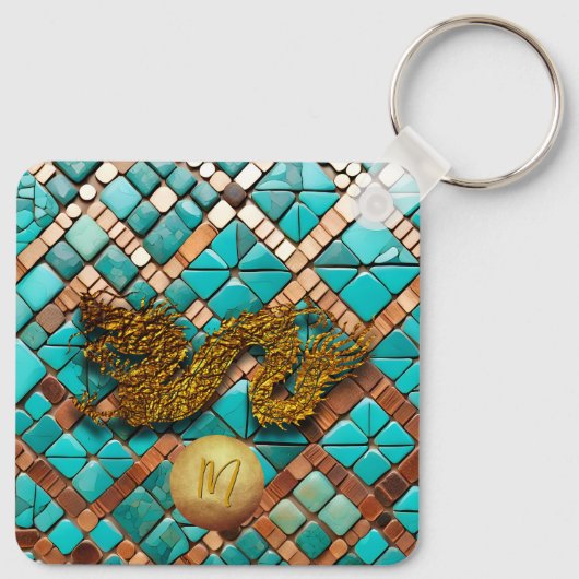Gouden Chinese Draak Nieuwjaar Monogram SqK Sleutelhanger (Achterkant)